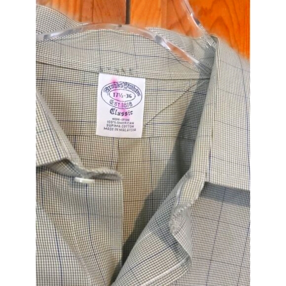 Brooks Brothers Shirt Mens 17.5 36 Green Plaid Houndstooth Button Up Long Sleeve - Picture 1 of 12